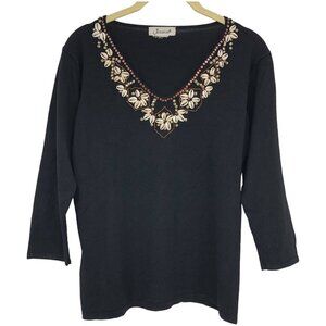 Jessica Black shell embellished V-neckline 3/4 Sleeve Blouse size ~M
